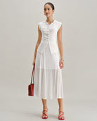 White Elastic Waist Straight Midi Skirt