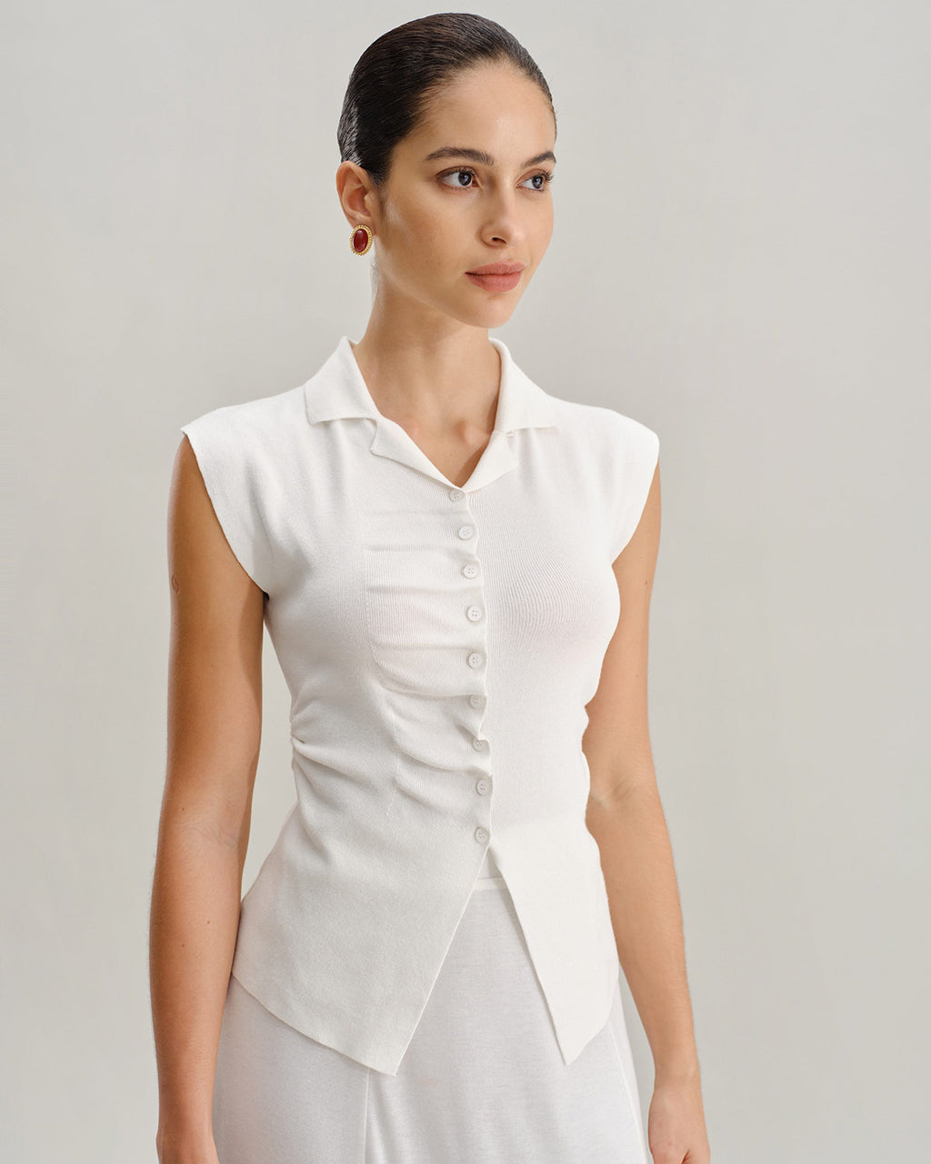 White Ruched Single Breasted Cardigan