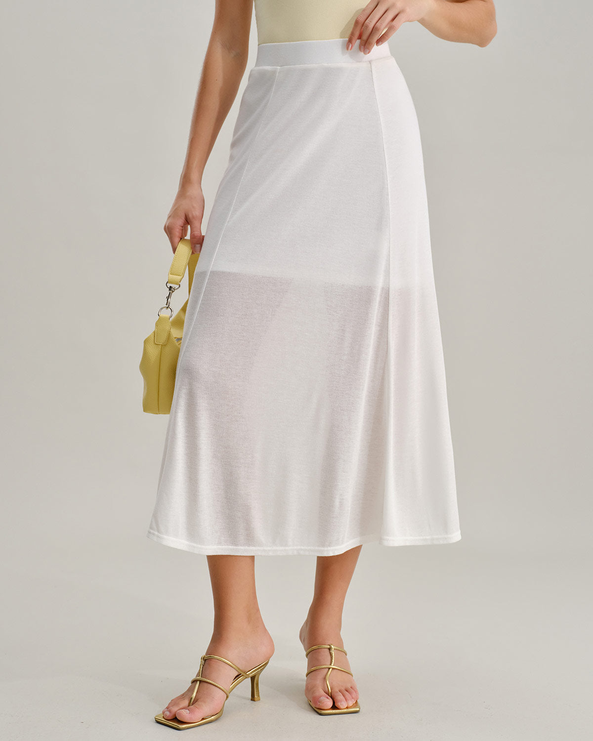White Elastic Waist Straight Midi Skirt