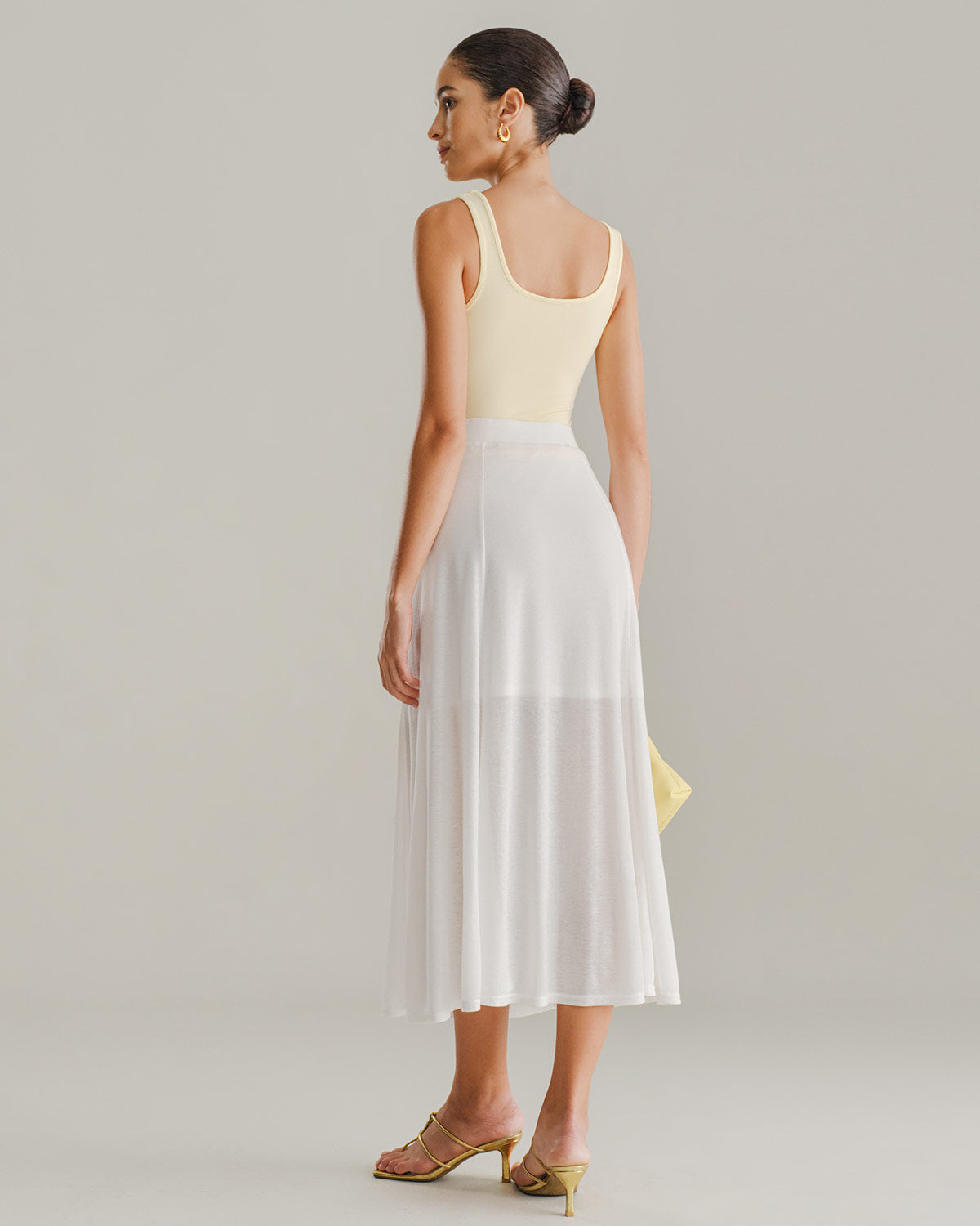 White Elastic Waist Straight Midi Skirt