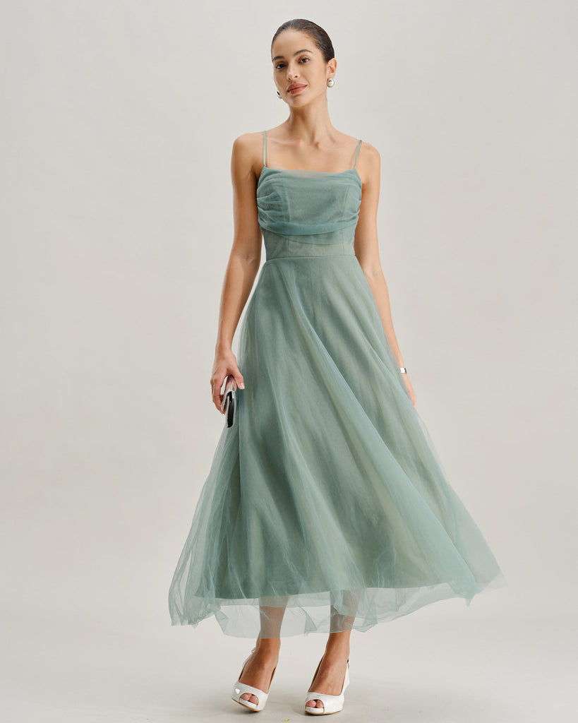 Green Mesh Flowy Slip Midi Dress