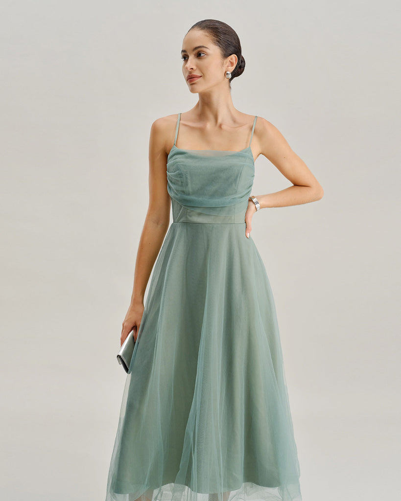 Green Mesh Flowy Slip Midi Dress