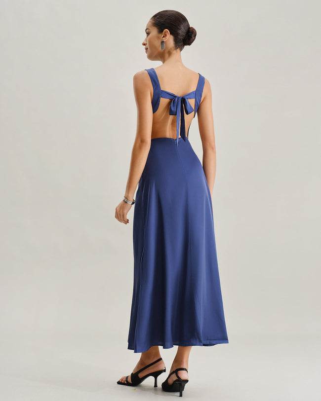 Navy Cowl Neck Satin Sleeveless Maxi Dress