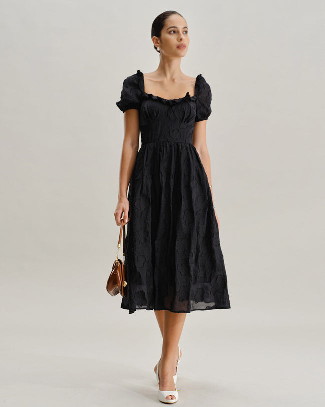 Black Square Neck Puffed Sleeve Midi Dress