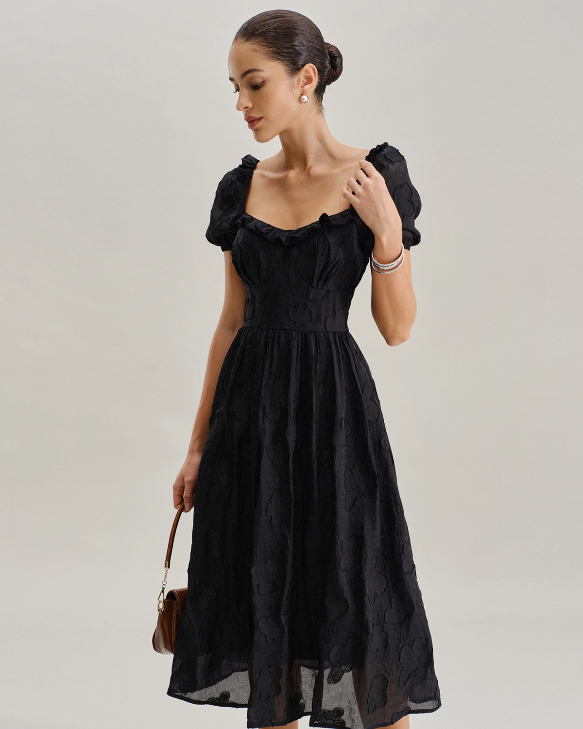 Black Square Neck Puffed Sleeve Midi Dress