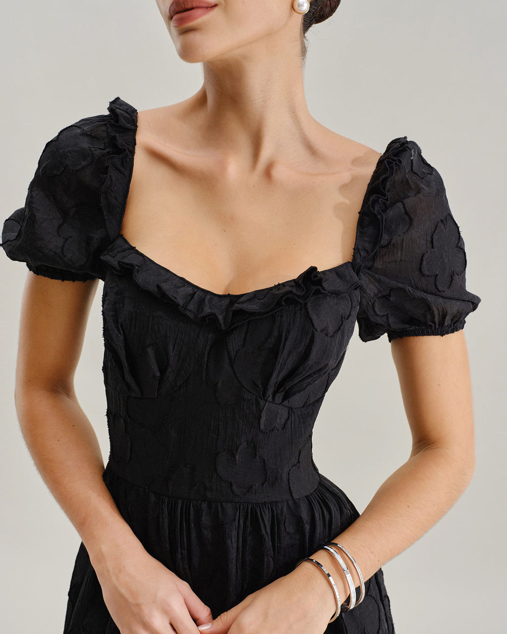 Black Square Neck Puffed Sleeve Midi Dress