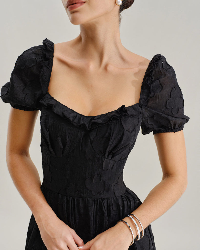 Black Square Neck Puffed Sleeve Midi Dress
