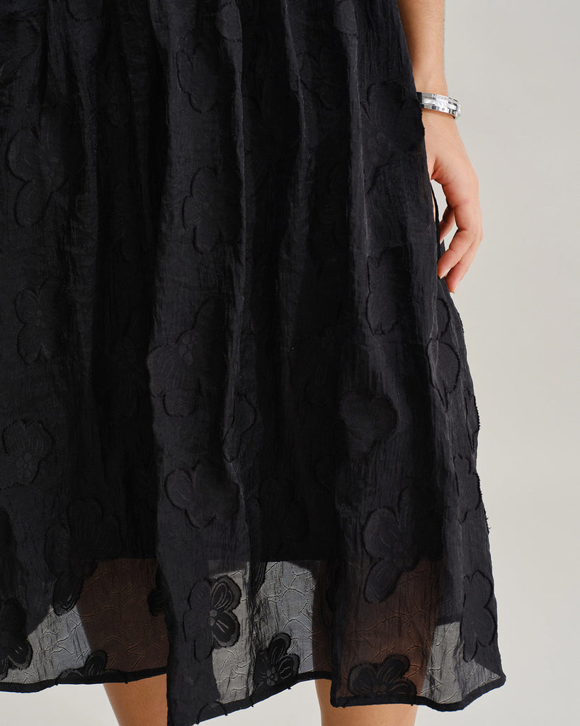 Black Square Neck Puffed Sleeve Midi Dress