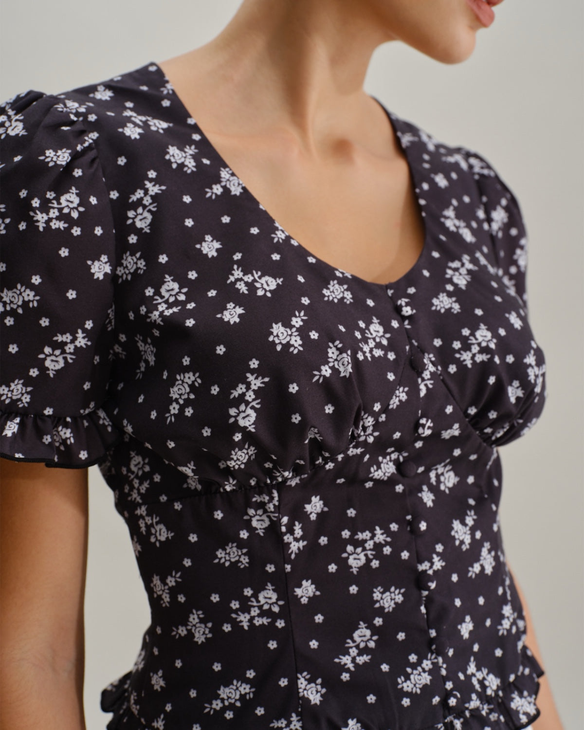 Black Floral Scoop Neck Blouse