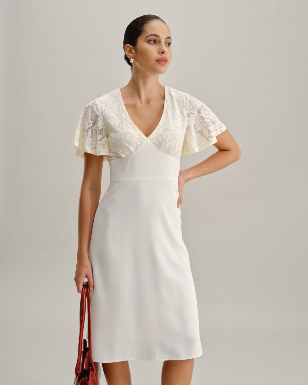 White Textured V-Neck Midi Dress