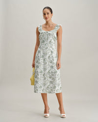 Green Floral Square Neck Ruched Midi Dress