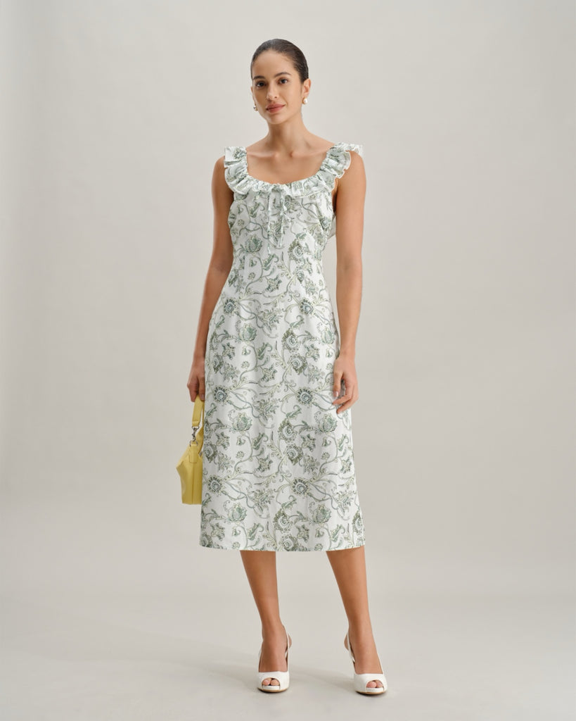 Green Floral Square Neck Ruched Midi Dress
