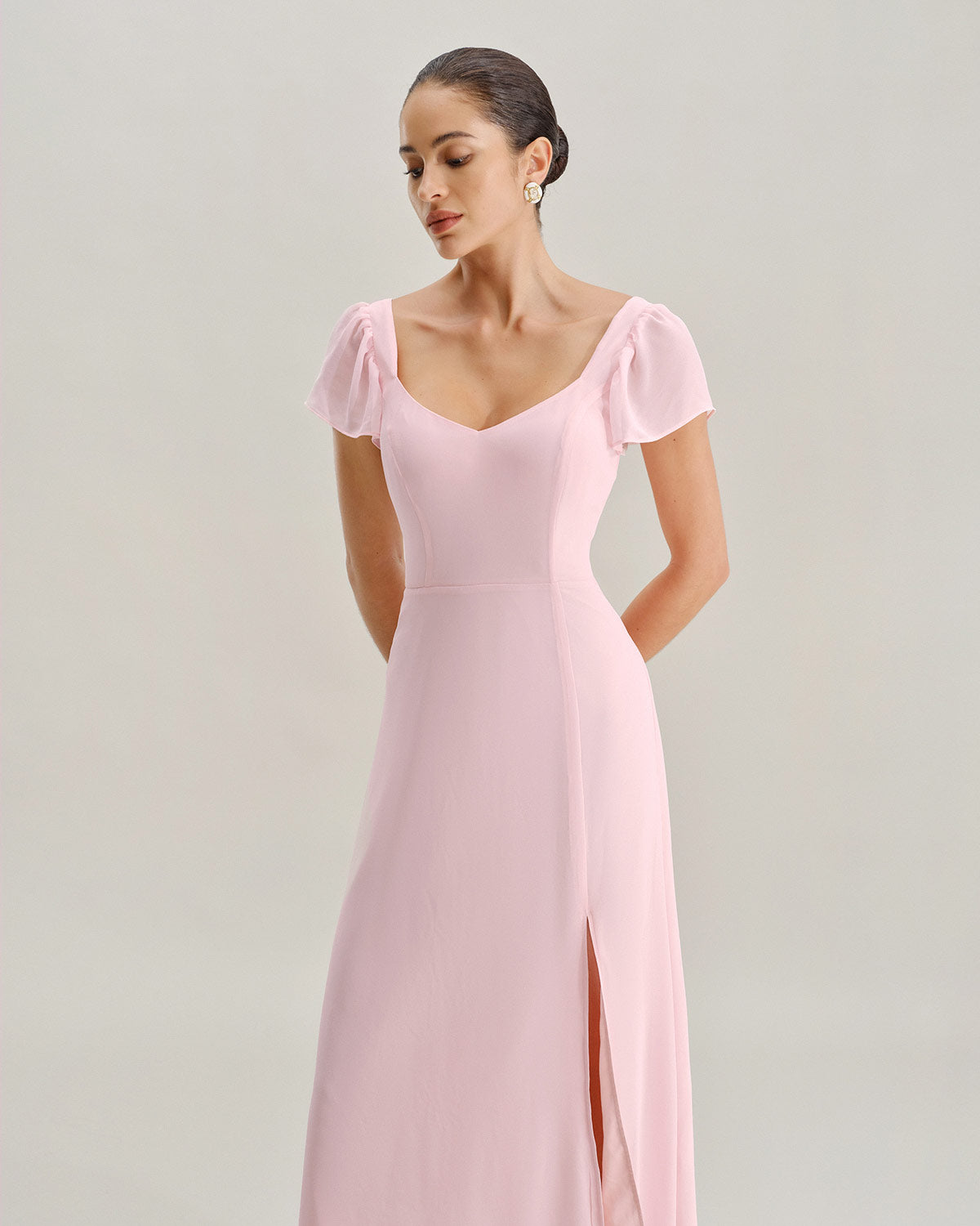 Pink Sweetheart Neck Chiffon Maxi Dress