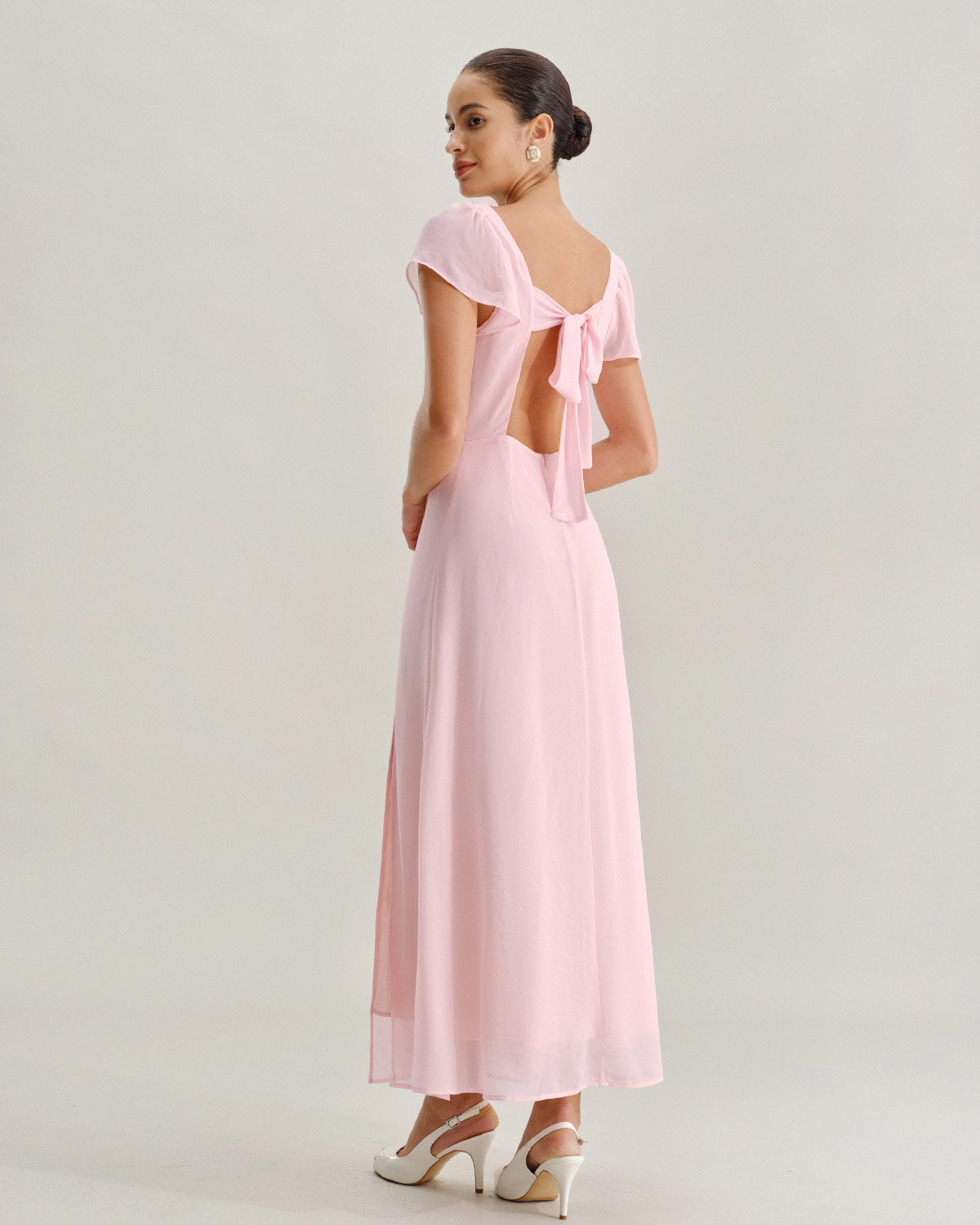 Pink Sweetheart Neck Chiffon Maxi Dress