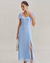 Blue Sweetheart Neck Chiffon Maxi Dress