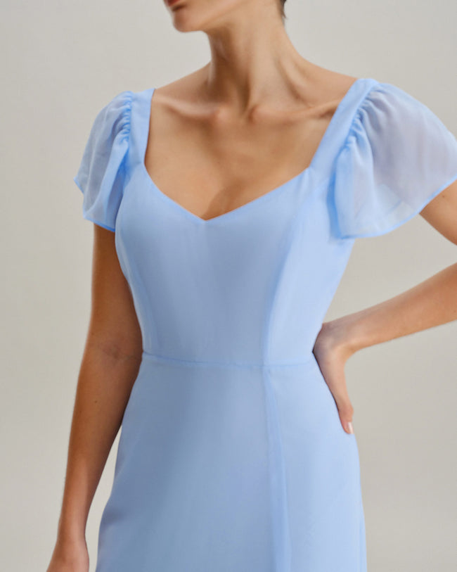 Blue Sweetheart Neck Chiffon Maxi Dress