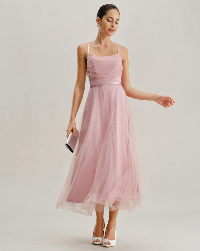 Pink Mesh Flowy Slip Midi Dress