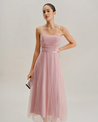 Pink Mesh Flowy Slip Midi Dress