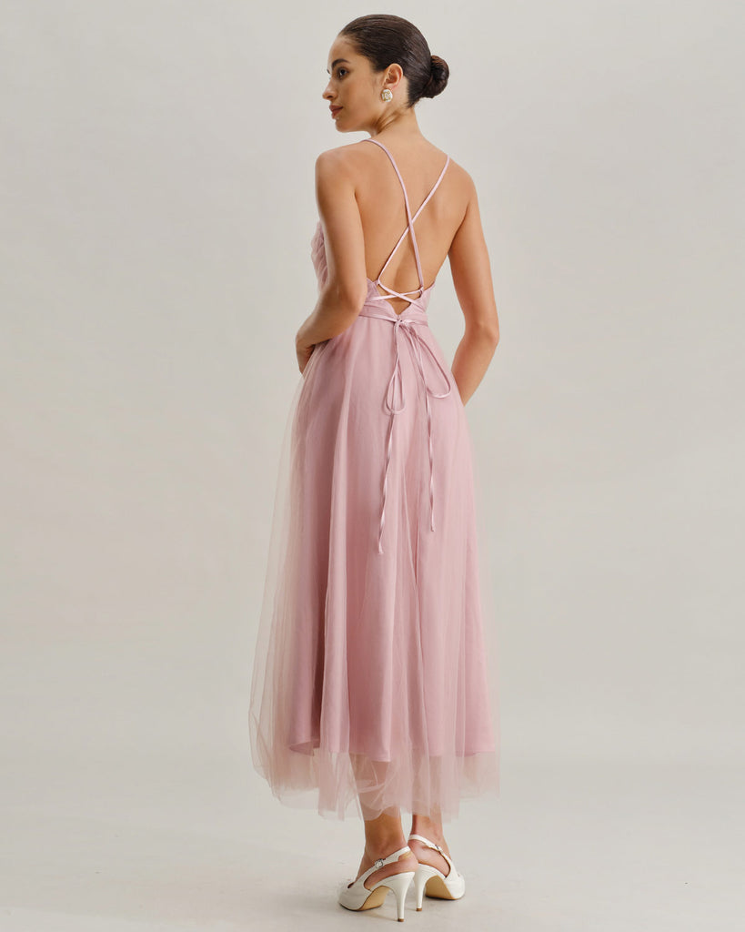 Pink Mesh Flowy Slip Midi Dress