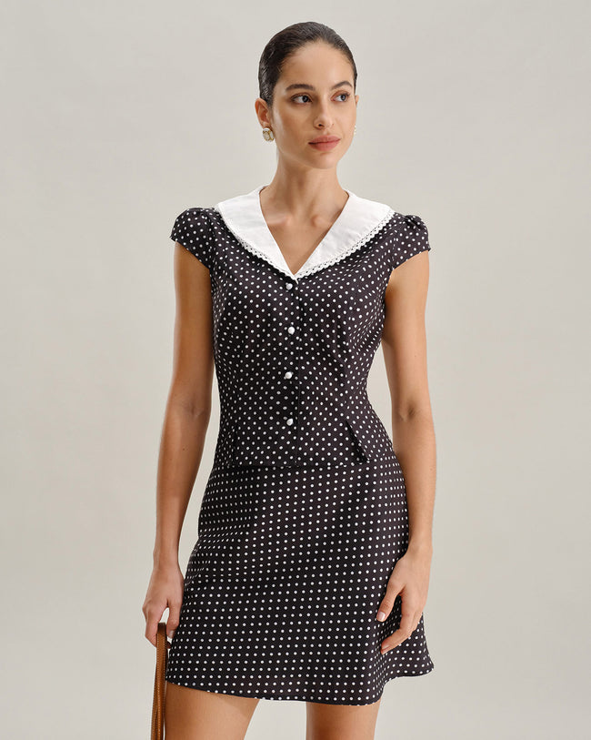 Black Polka Dot Cap Sleeve Shirt