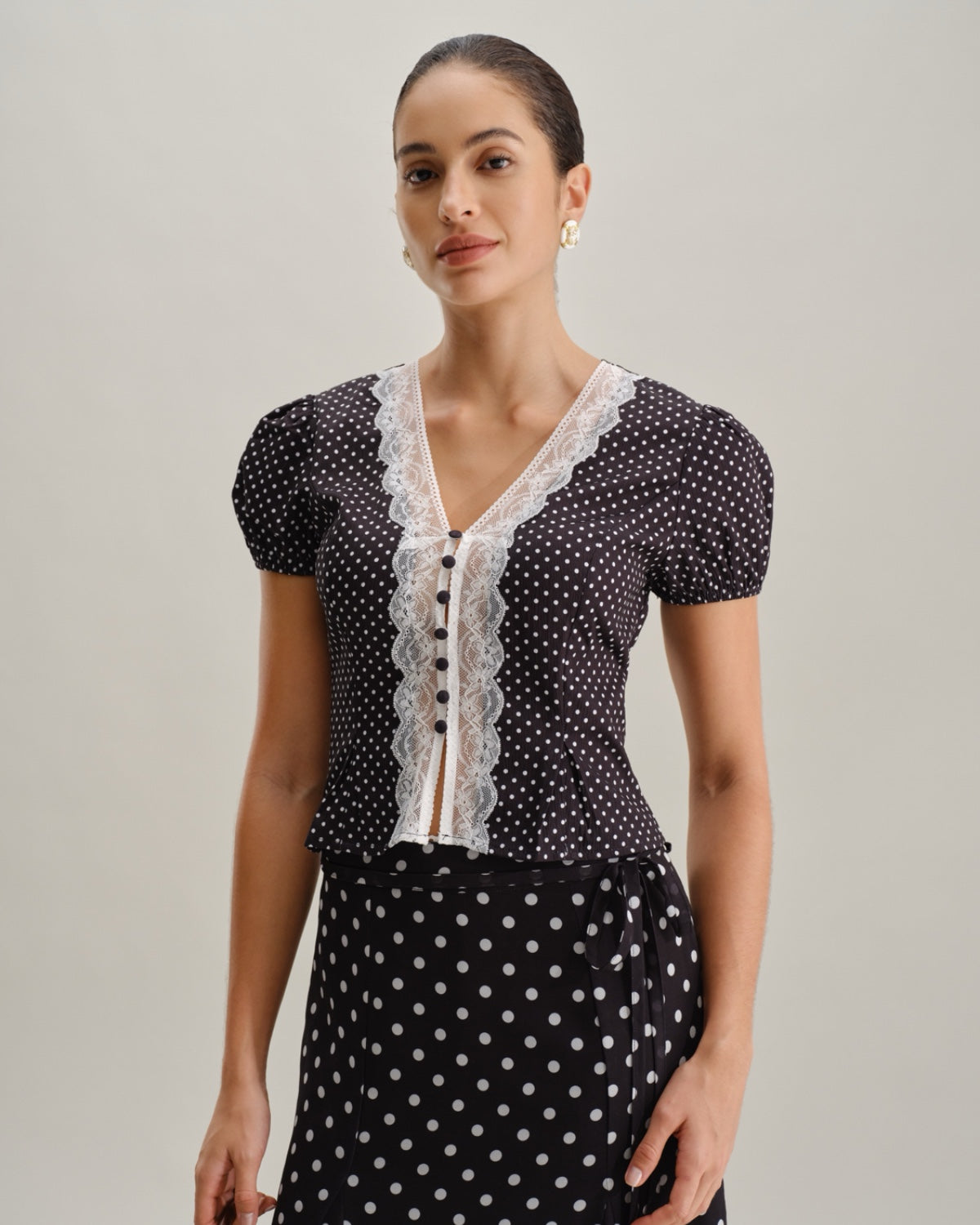 Black Polka Dot Lace Trim Blouse