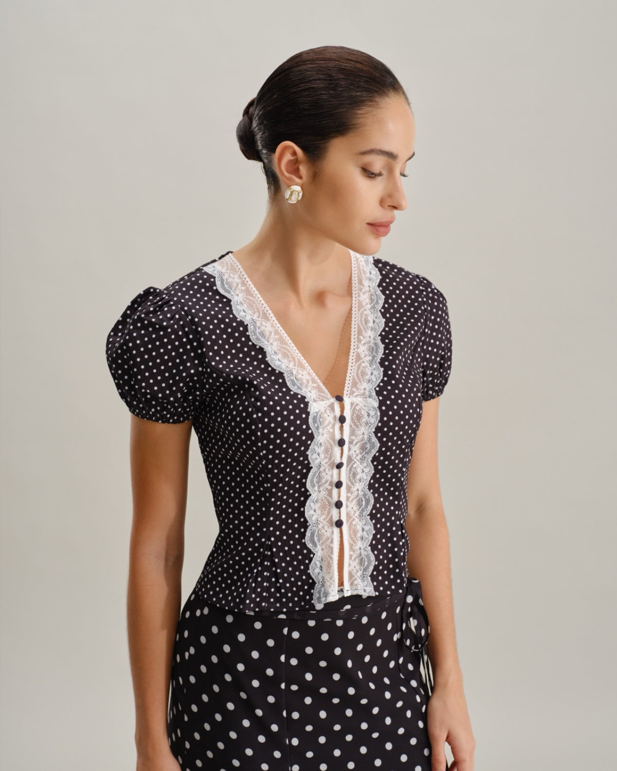 Black Polka Dot Lace Trim Blouse