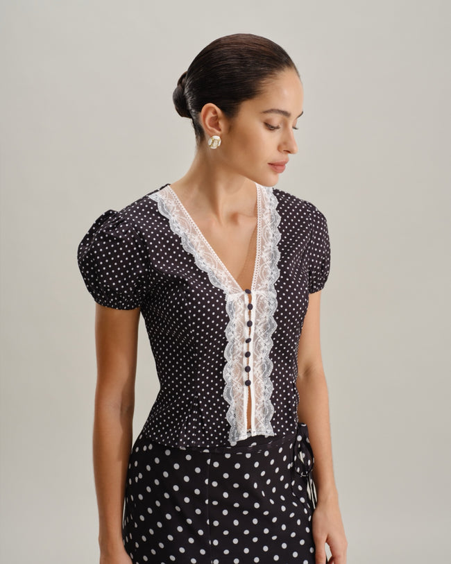 Black Polka Dot Lace Trim Blouse