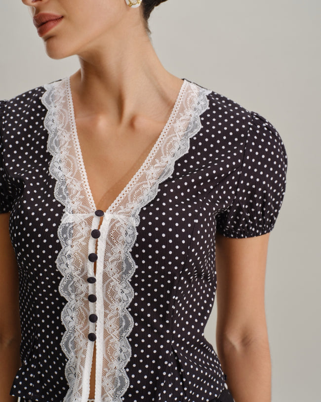 Black Polka Dot Lace Trim Blouse
