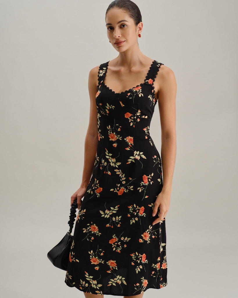 Black Floral Shirred Slip Maxi Dress