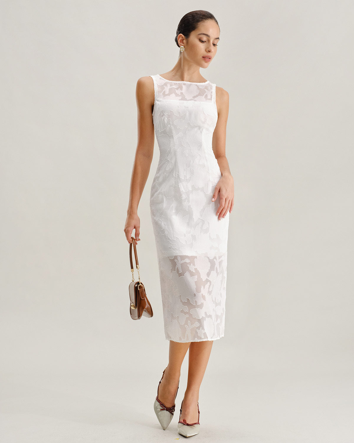 White Lace Boat Neck Midi Dress