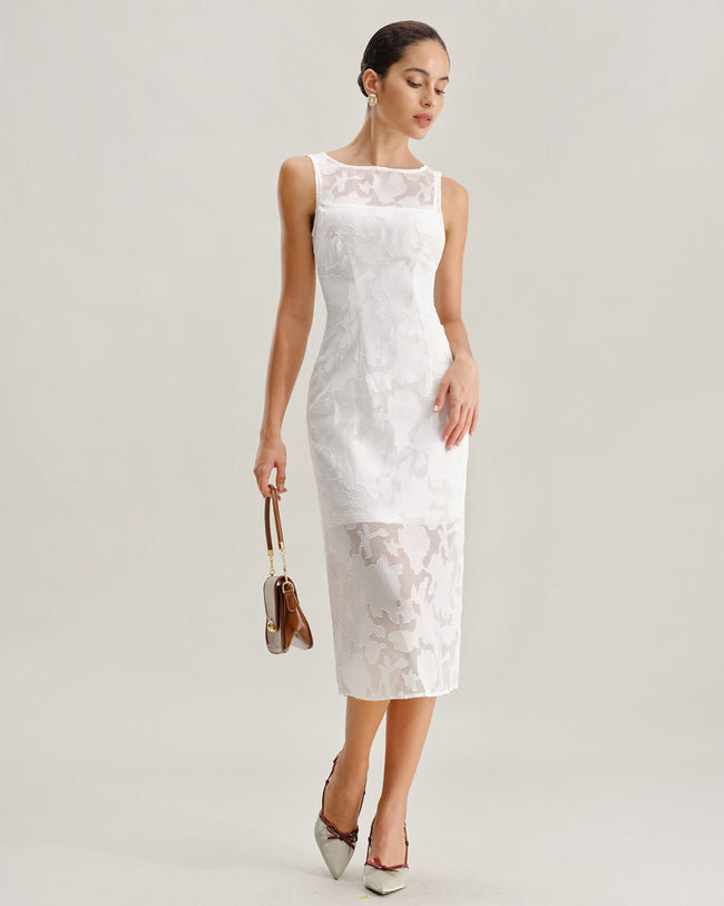 White Lace Boat Neck Midi Dress