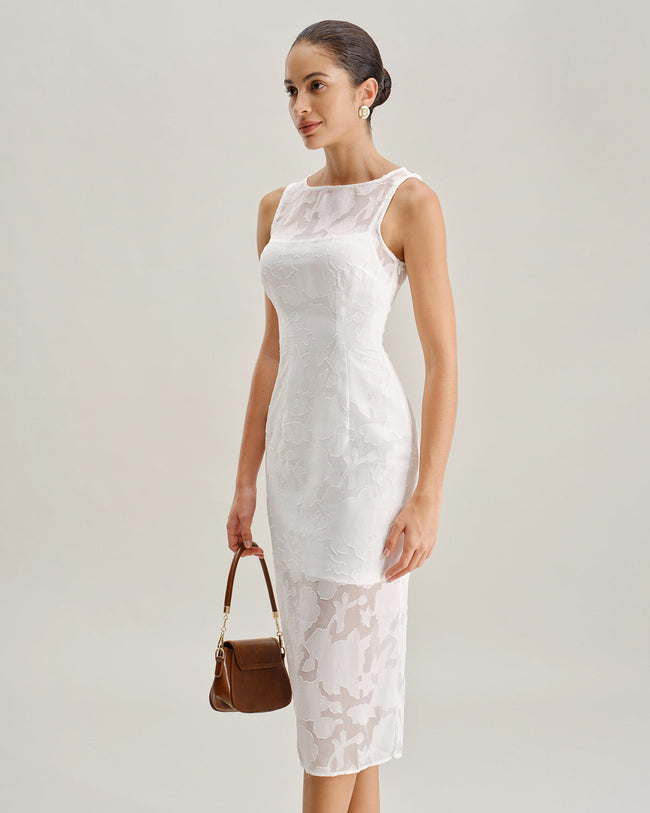 White Lace Boat Neck Midi Dress