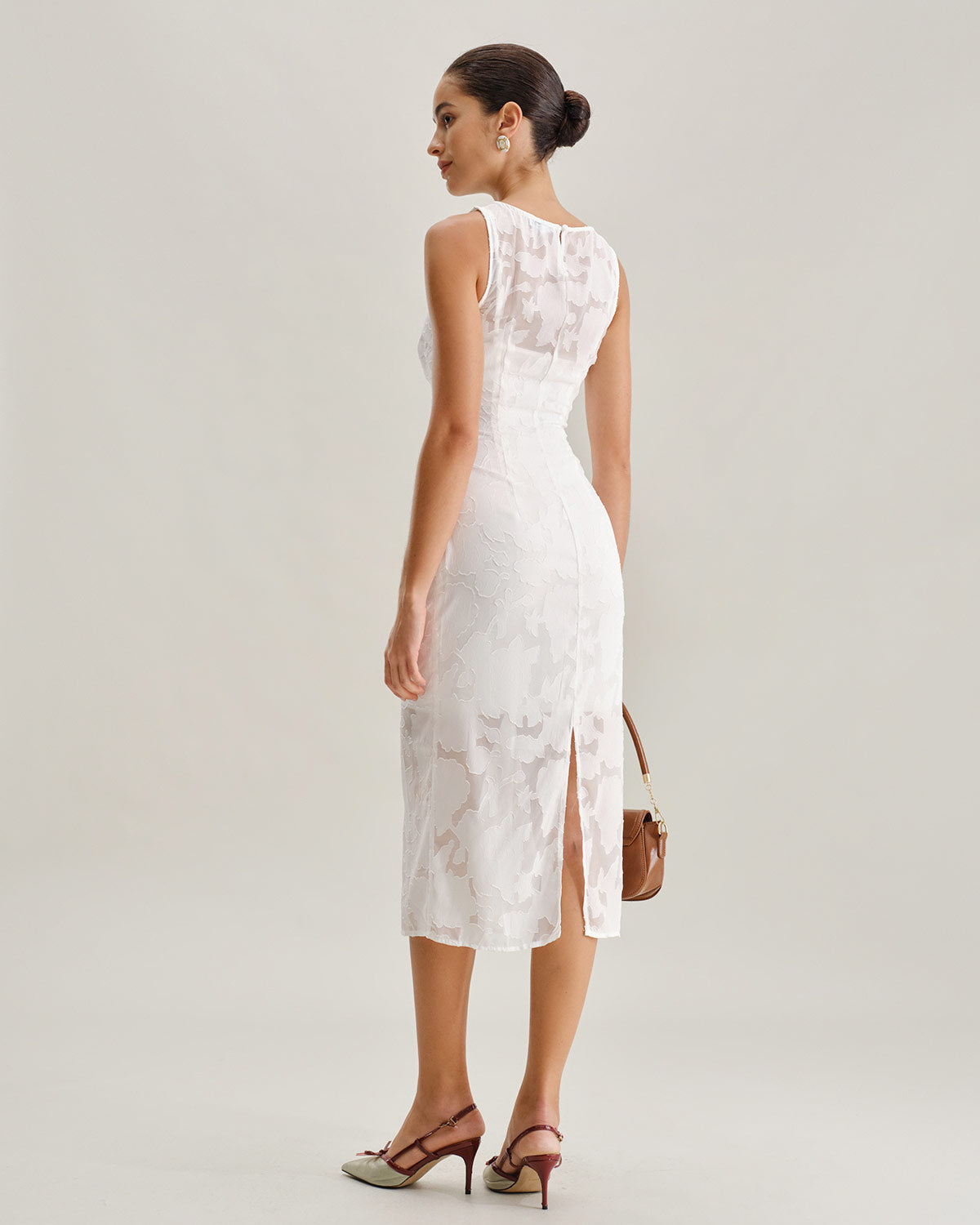 White Lace Boat Neck Midi Dress