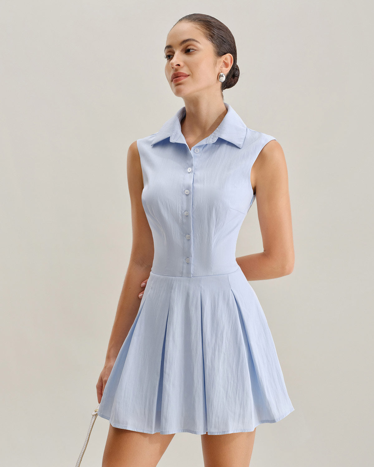 Blue Button A-Line Sleeveless Mini Dress