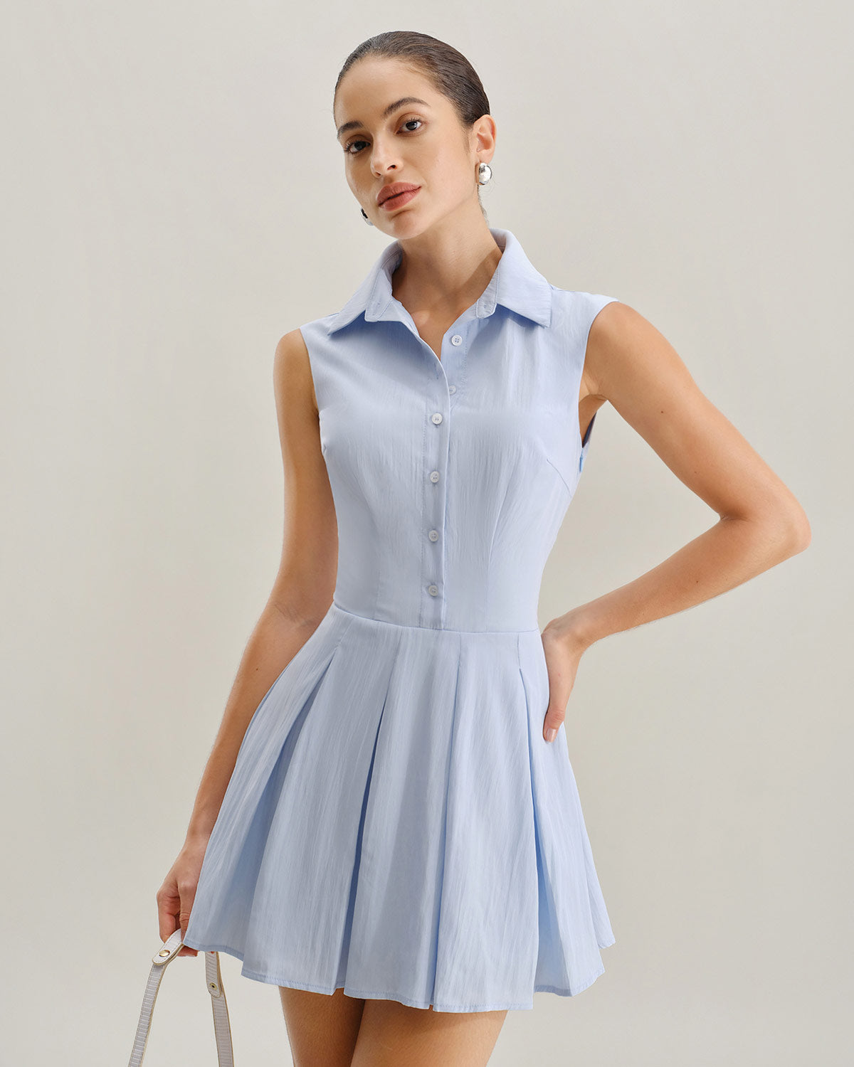 Blue Button A-Line Sleeveless Mini Dress