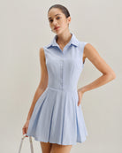 Blue Button A-Line Sleeveless Mini Dress