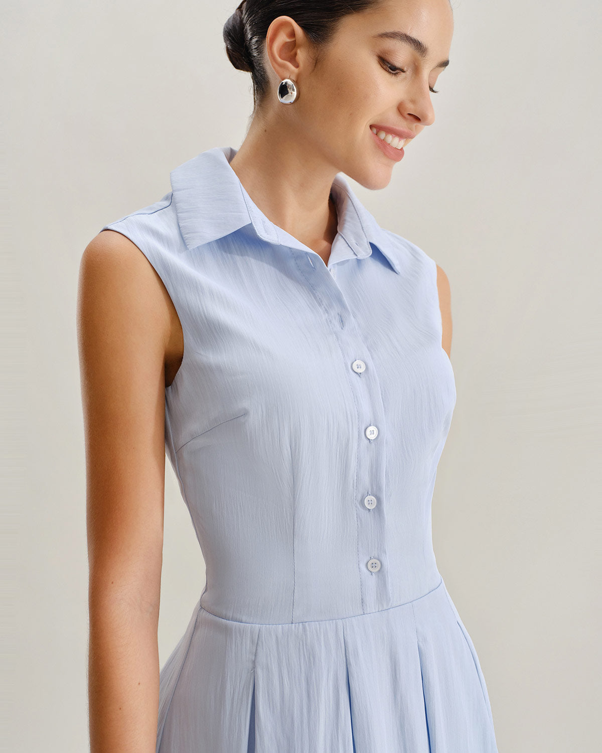 Blue Button A-Line Sleeveless Mini Dress