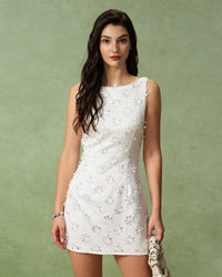 White Textured Boat Neck Sleeveless Mini Dress