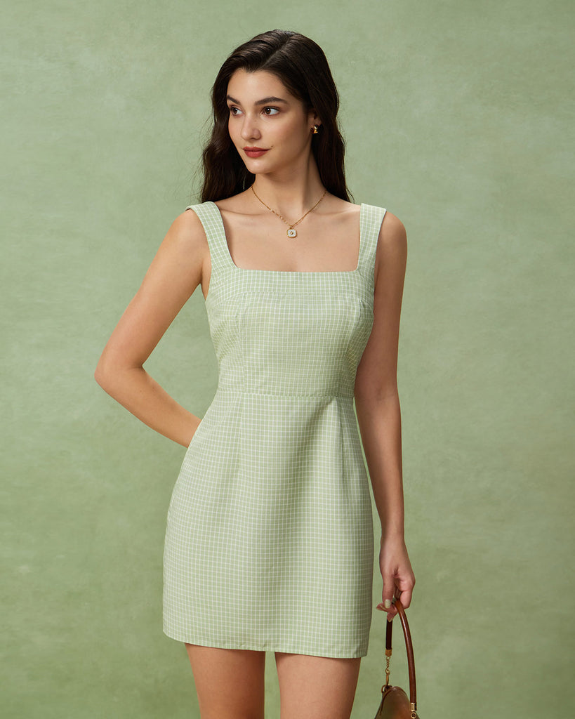 Green Plaid Square Neck Shirred Slip Mini Dress