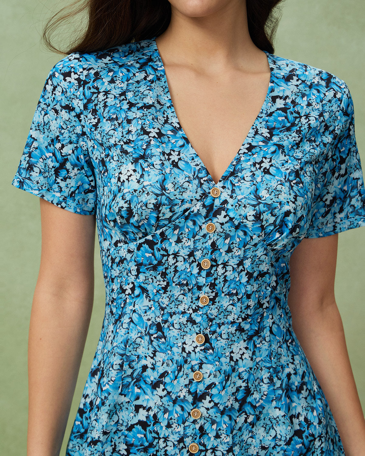 Blue Floral V-Neck Button Mini Dress