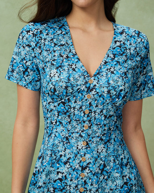 Blue Floral V-Neck Button Mini Dress