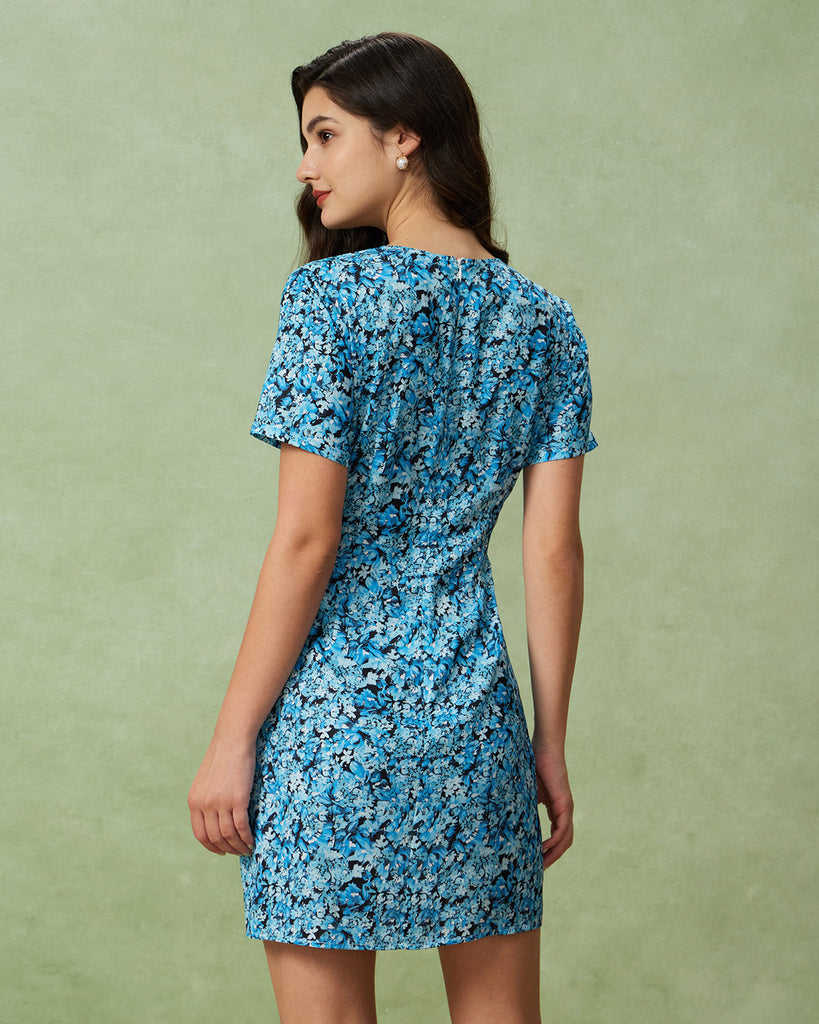 Blue Floral V-Neck Button Mini Dress