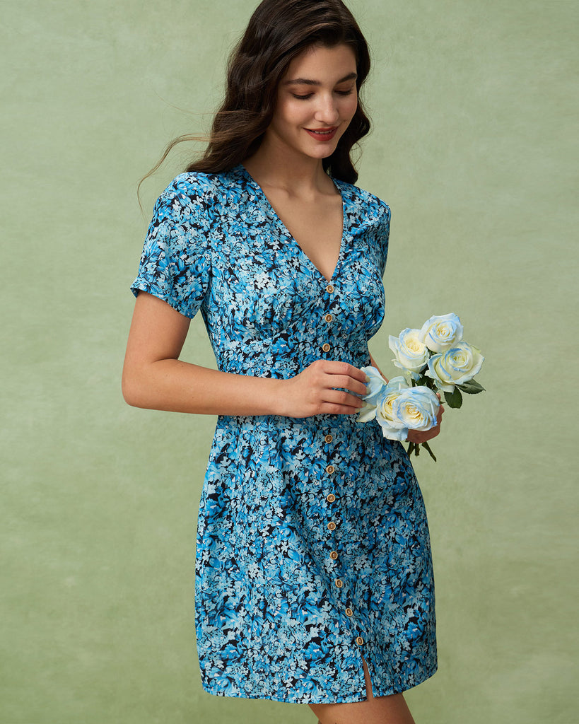 Blue Floral V-Neck Button Mini Dress