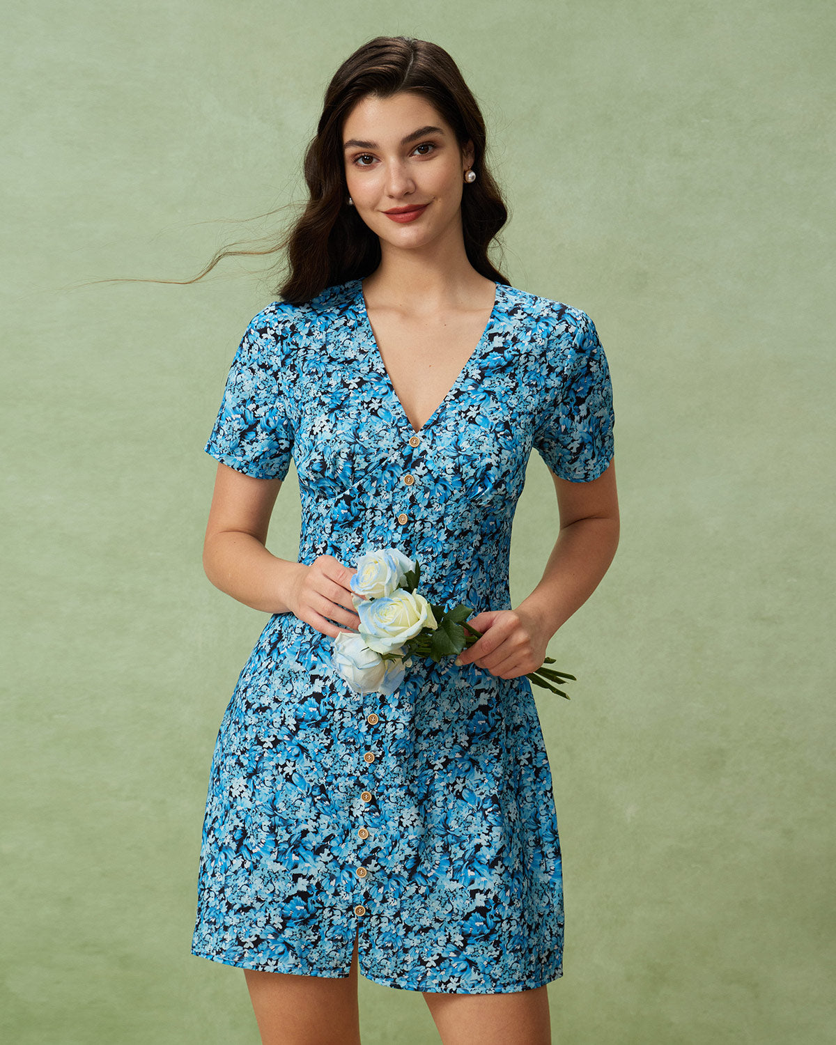 Blue Floral V-Neck Button Mini Dress Blue Floral V-Neck Button Mini Dress