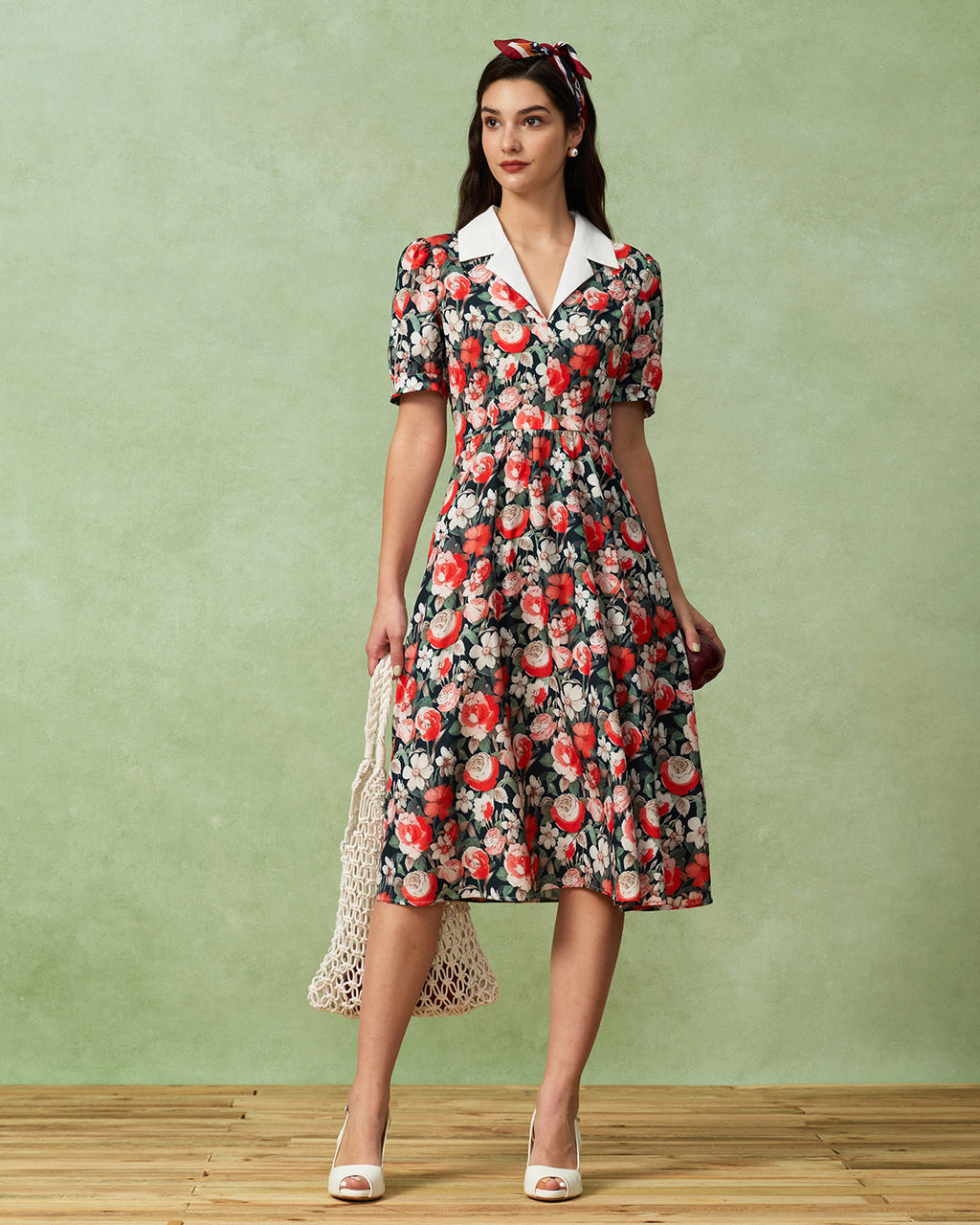 Black Floral Contrast Midi Dress