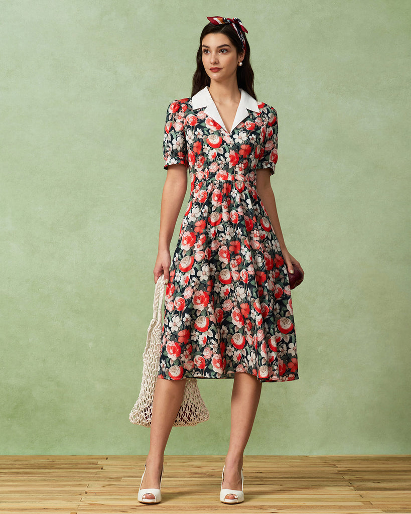 Black Floral Contrast Midi Dress