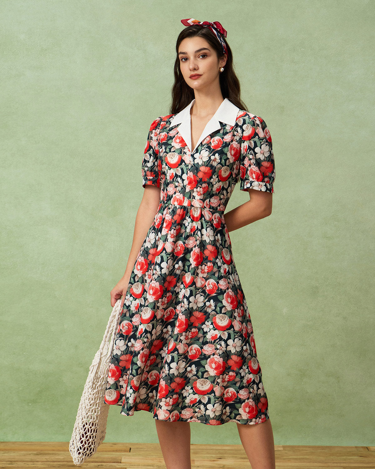 Black Floral Contrast Midi Dress