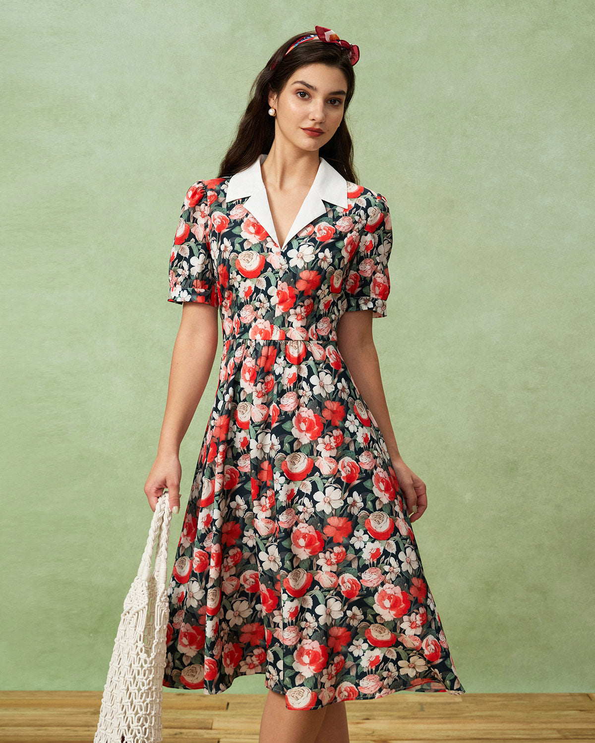 Black Floral Contrast Midi Dress