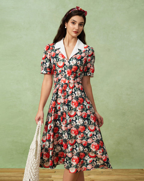 Black Floral Contrast Midi Dress & Reviews - Black - Dresses | RIHOAS