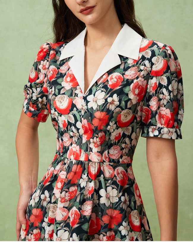 Black Floral Contrast Midi Dress